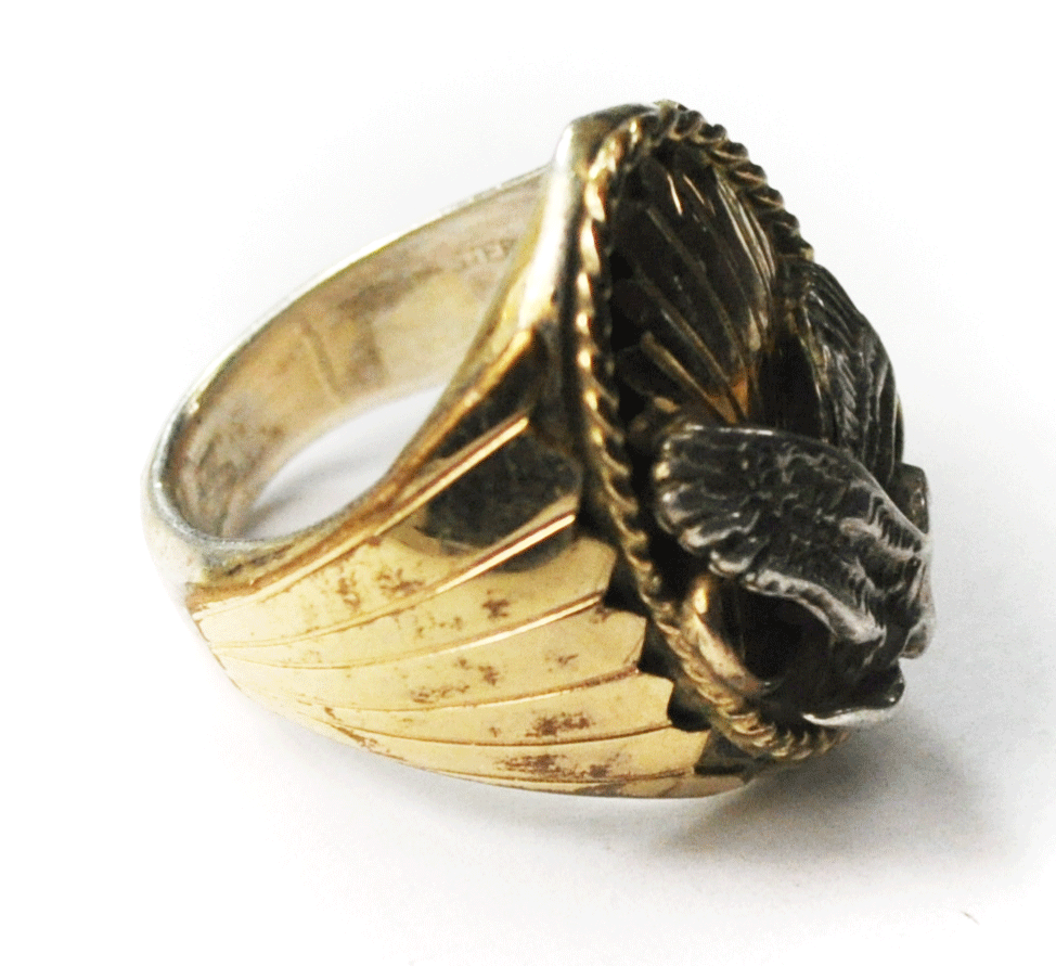 Sterling Silver & Gold Filled Signed TF Eagle 27mm Ring Size 9 Sand Cast 25.6g