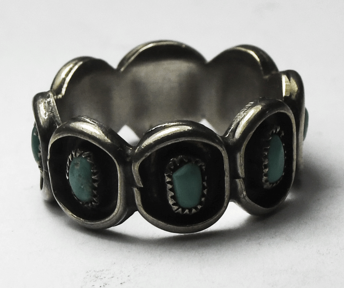 Sterling Silver Antique Oval Turquoise Eternity Band 8mm Ring Size 6