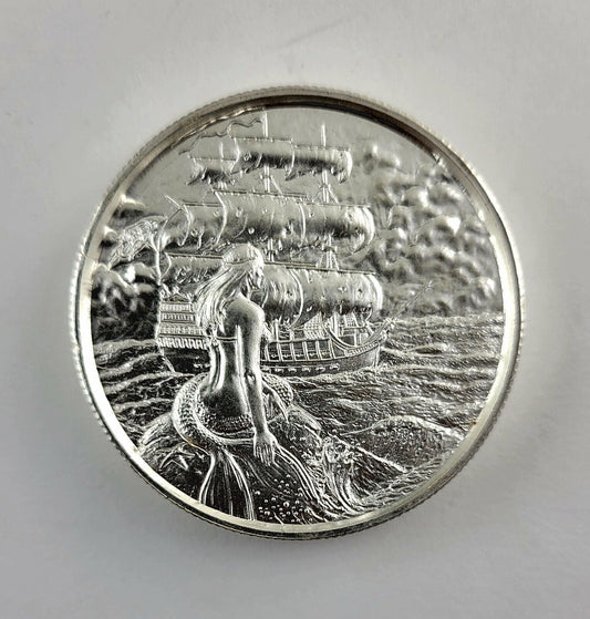 The Mermaid No Prey No Pay Pirate Ship 2 Troy Ounces .999 Fine Silver Art Round!