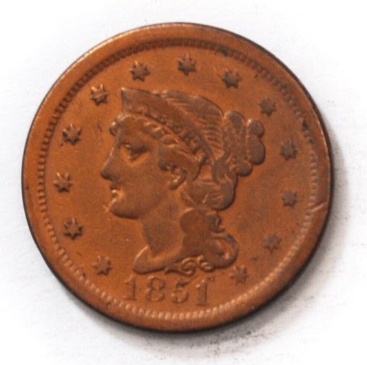 1851 1c Braided Hair Large Cent One Penny US Coin