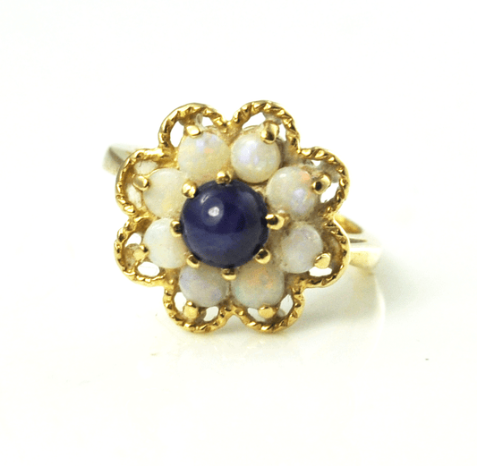 14k Yellow Gold Blue Star Sapphire Opal Flower Cluster Ring 14mm Size 3