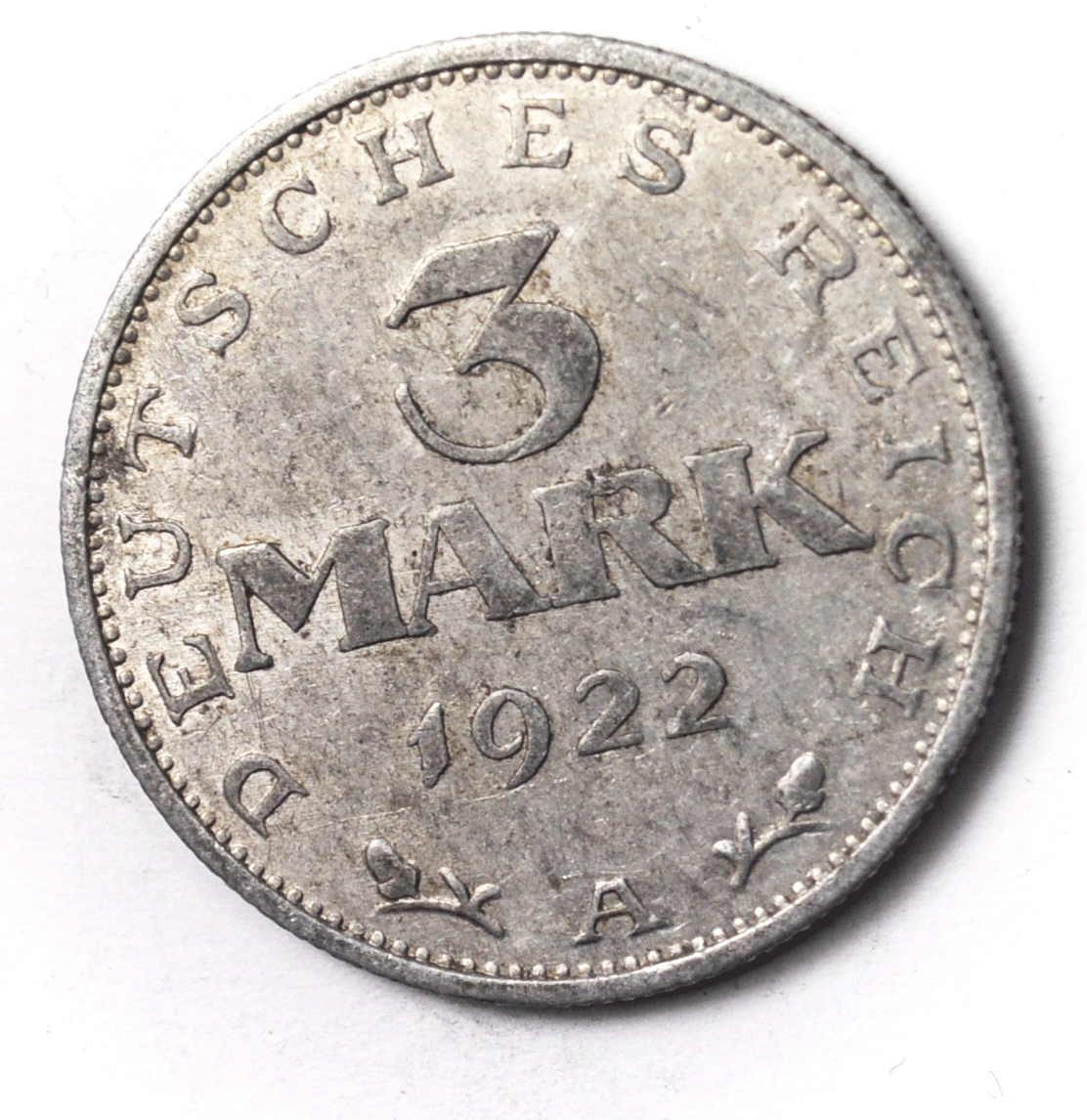 1922 A Germany Weimar Republic 3 Three Mark KM# 28 Aluminum Coin