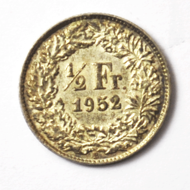 1952 B Switzerland 1/2 Half Franc Silver Coin KM# 23