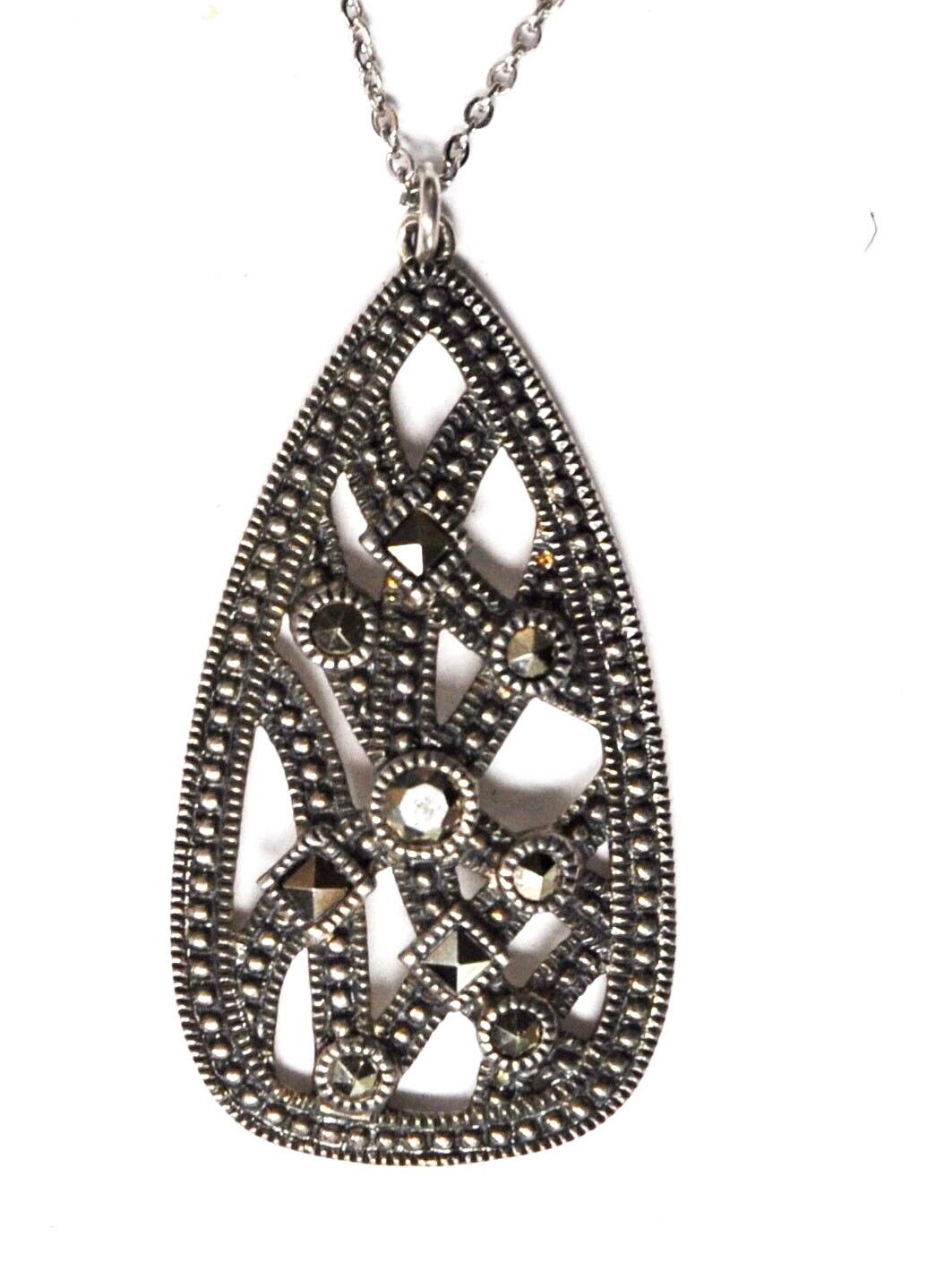 Sterling Judith Jack Marcasite Teardrop Filigree 38mm Pendant 16" Necklace