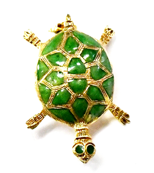 14k Yellow Gold Green Enamel Turtle Brooch Pin 25mm x 18mm