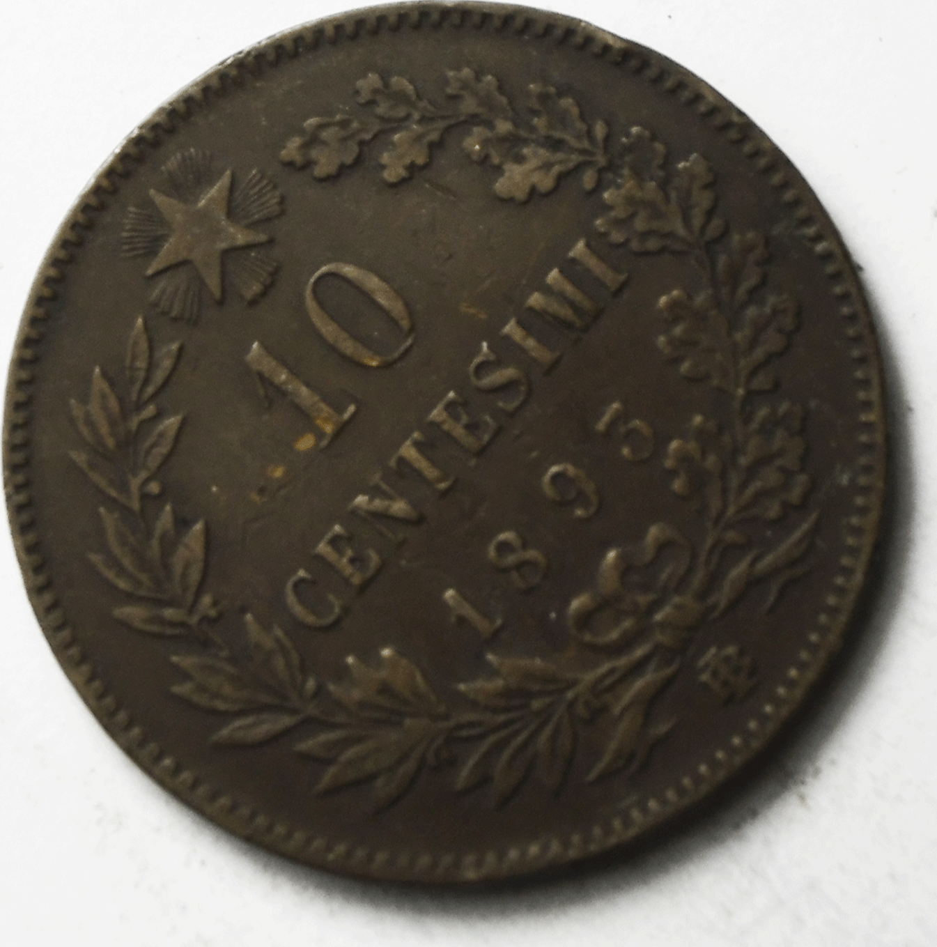 1893 B/I Italy 10 Ten Centesimi Copper Coin KM# 27.1