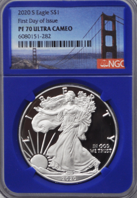 2020 S $1 American Silver Eagle US Coin Ounce NGC PF70 UC Blue Holder First Day