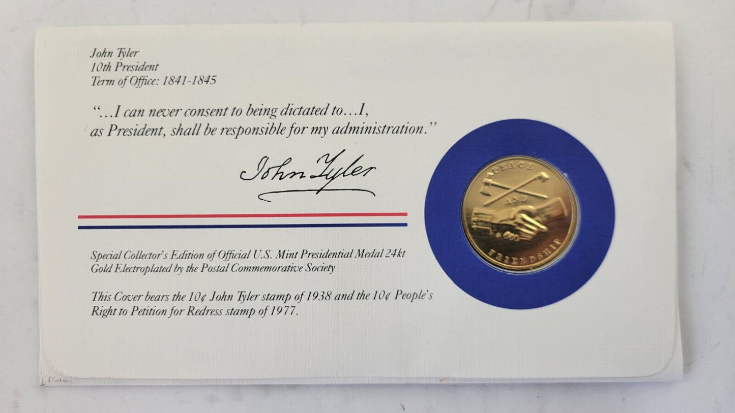 John Tyler Presidential Covers Medal Postal Commemorative Society Gold Plated