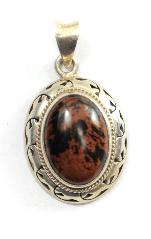 Sterling Mexico Brown & Black Mahogany Obsidian Oval Heavy Pendant 50mm x 29mm