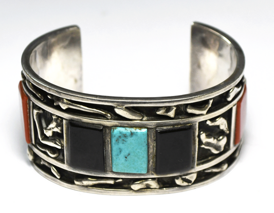 Sterling AA Panteah 32mm Turquoise Onyx Coral MOP Cuff Bracelet 7" Wrist