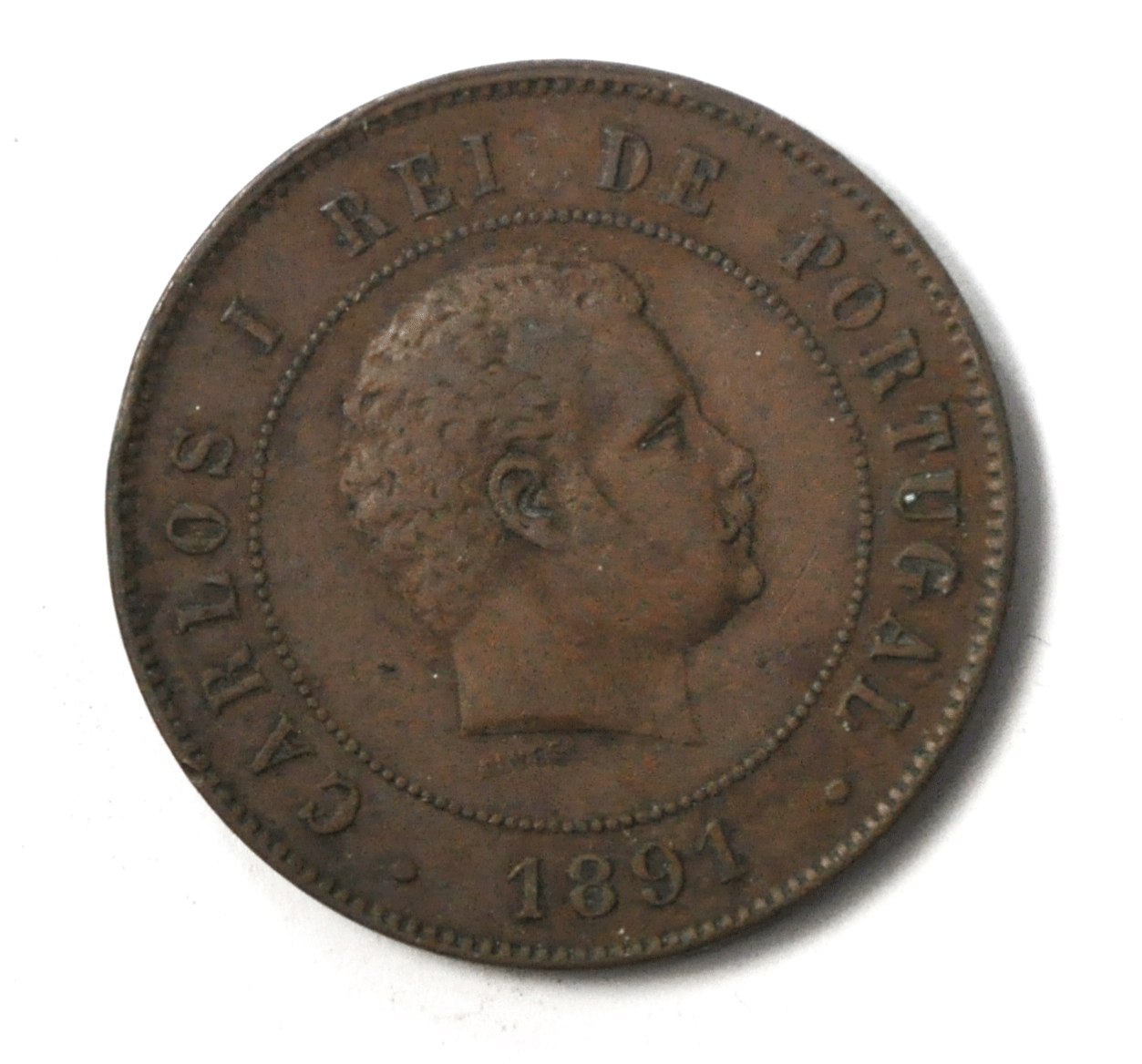 1891 A Portugal 20 Twenty Reis Bronze Coin KM# 533