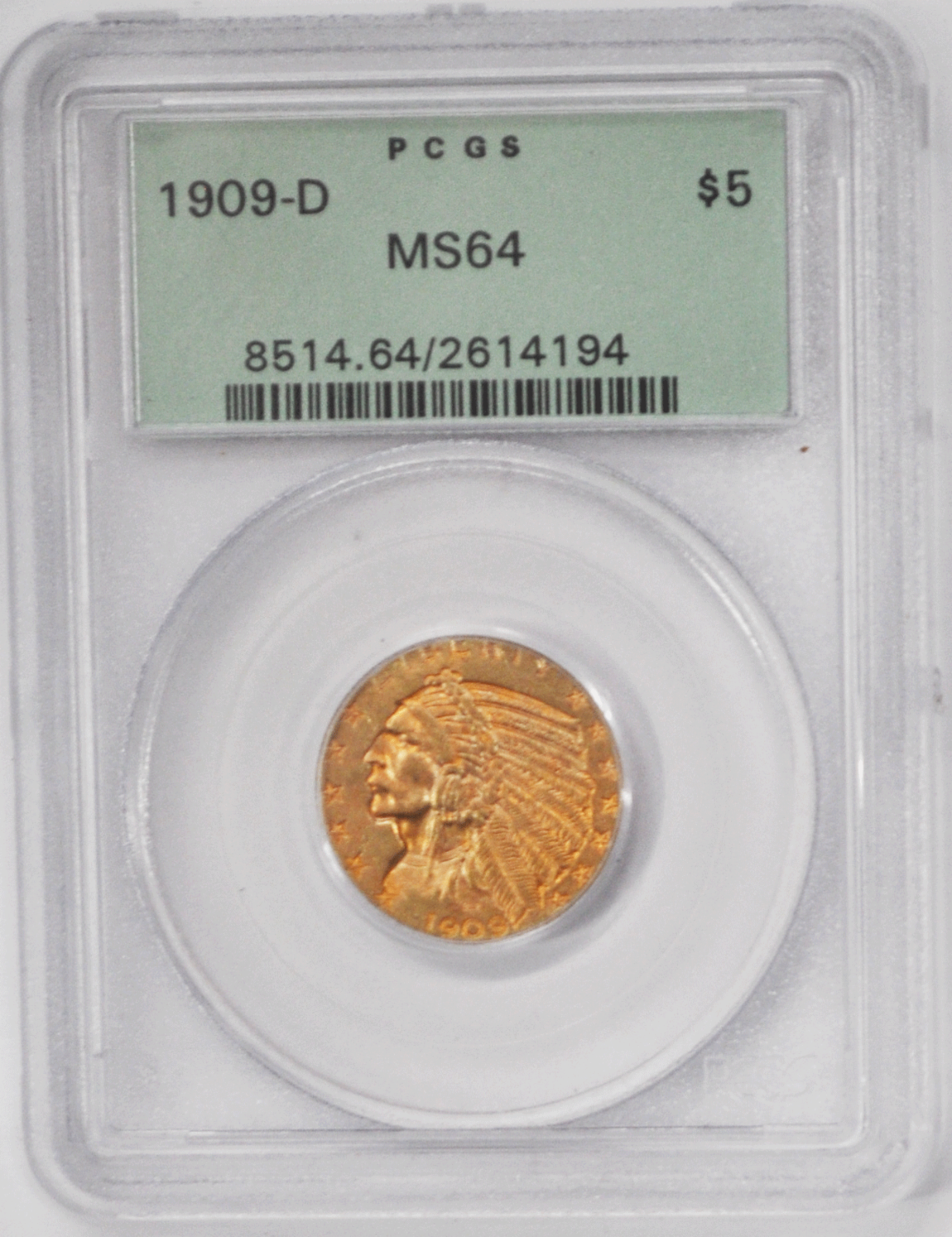 1909 D $5 Indian Head Five Dollar Gold Half Eagle Denver PCGS MS64 OGH