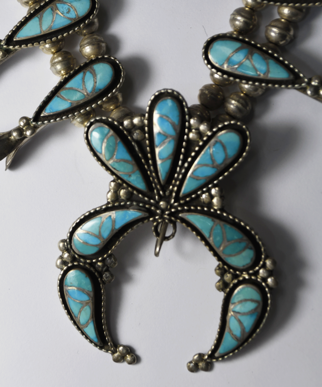 Sterling Willis Susie Leekity Turquoise Inlay Squash Blossom  24" Necklace