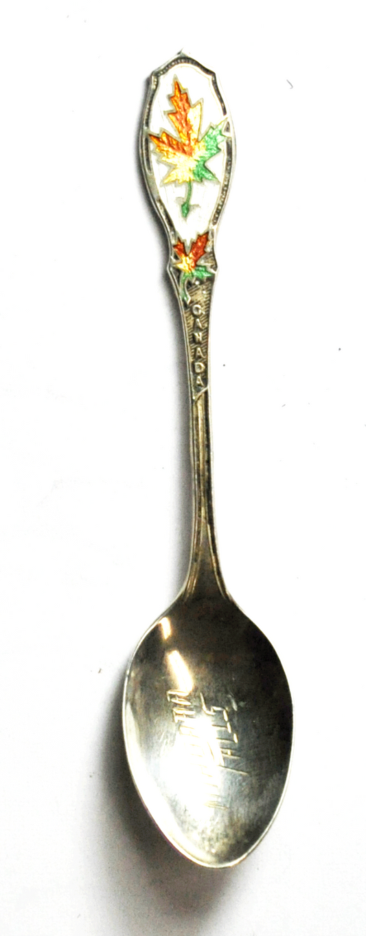 Sterling BMCo Guilloche Enamel Maple Leaf Souvenir Spoon 3-3/4" Niagara Falls