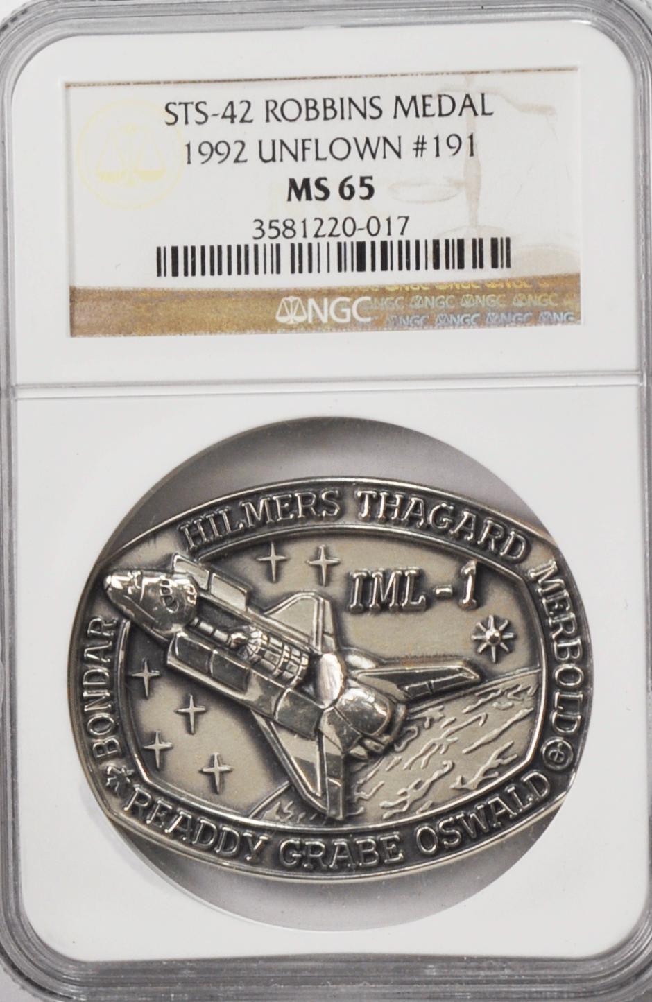 1992 STS-42 Robbins Space Silver Medal Unflown #191 NGC MS65 Discovery Spacelab