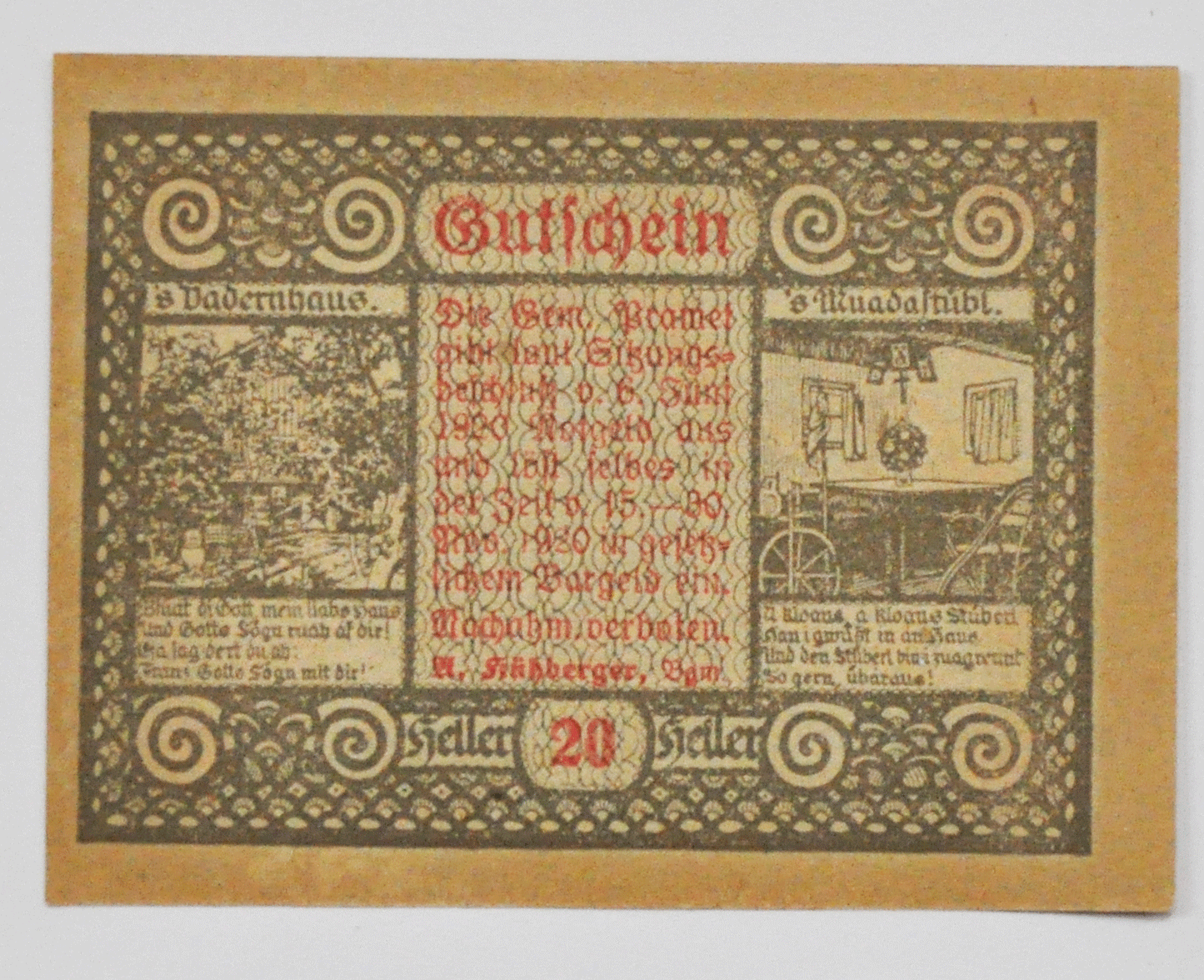 1920 20 Twenty Heller Austria Notgeld Banknote Pramet Uncirculated