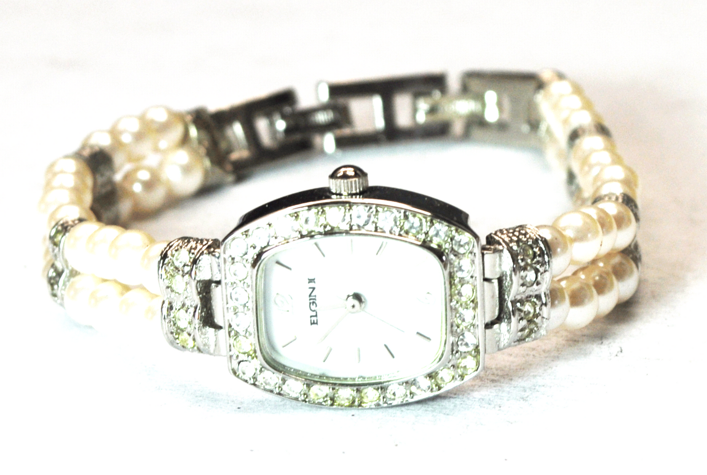 Women's Elgin II Crystal Bezel Faux Pearl Band Wristwatch Quartz 20mm