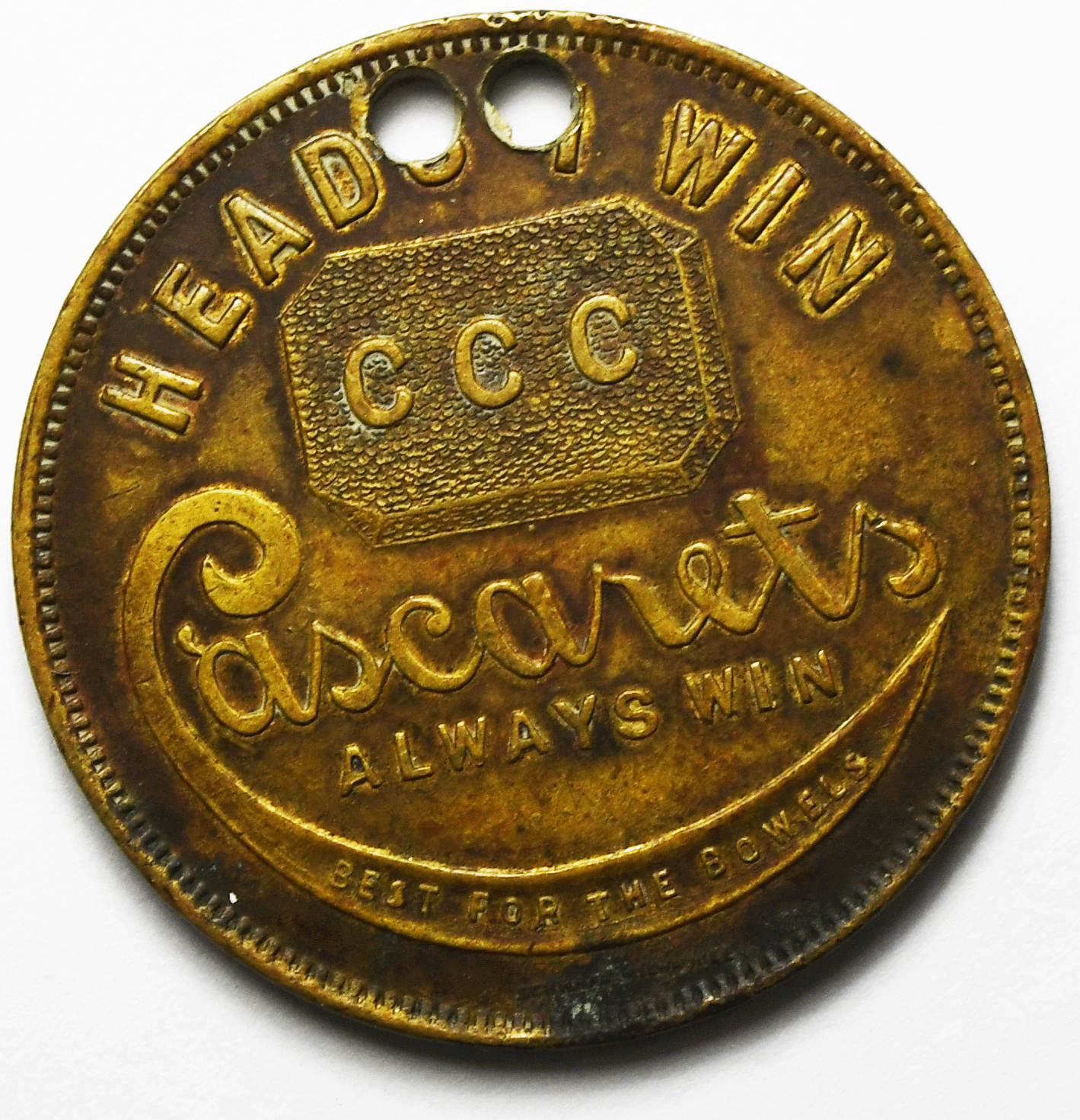 Cacarets Best For the Bowels Laxative Heads Tails Good Luck Token 32mm 2 Holes