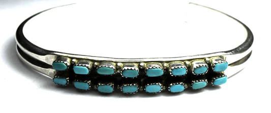 Sterling Silver BCT Double Row 16 Turquoise 8mm Cuff Bracelet 7" Wrist