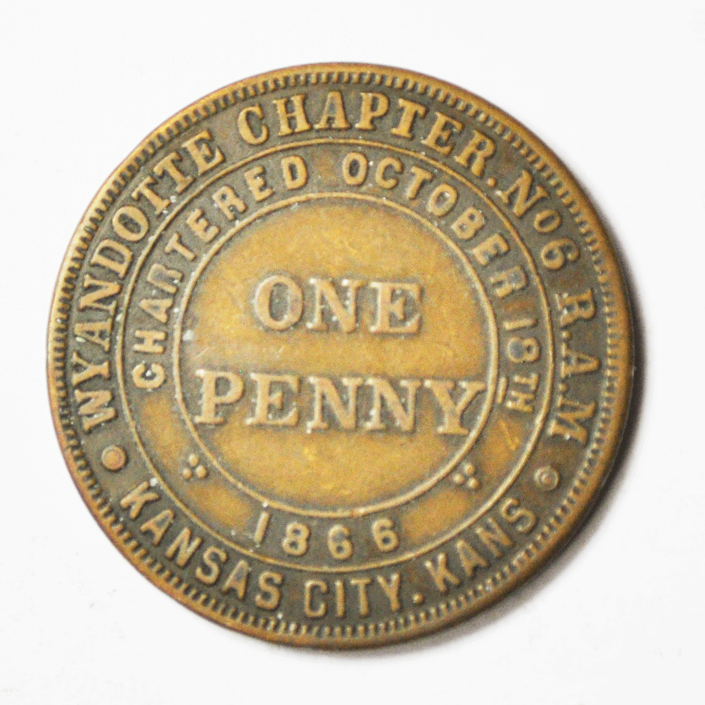 Wyandotte Chapter No 6 One Penny Masonic Token Kansas City 31mm 1866