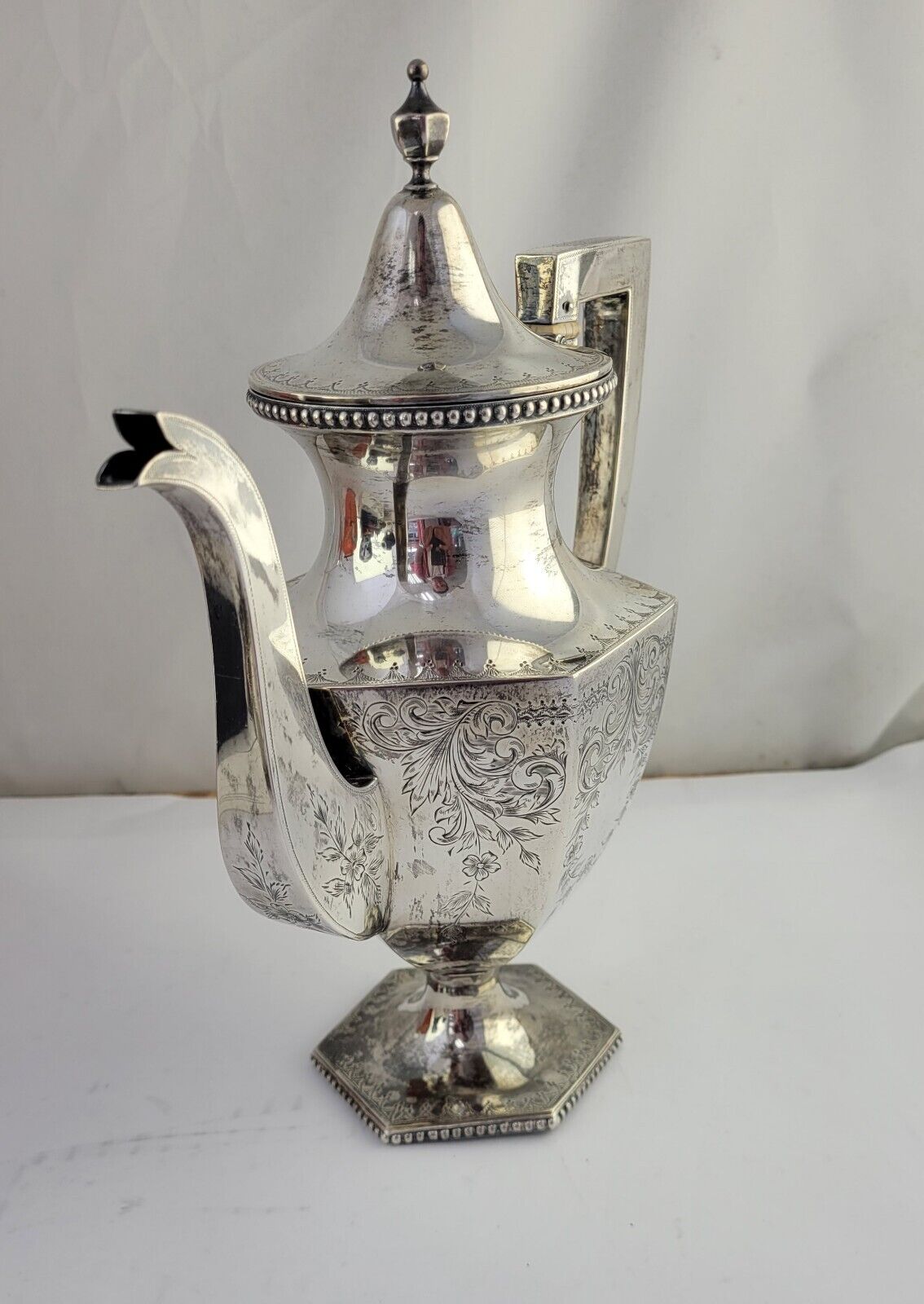 Stieff 10" Hexagon Sterling Silver Coffee Pot Tea Hand Engraved (#500) 19oz.