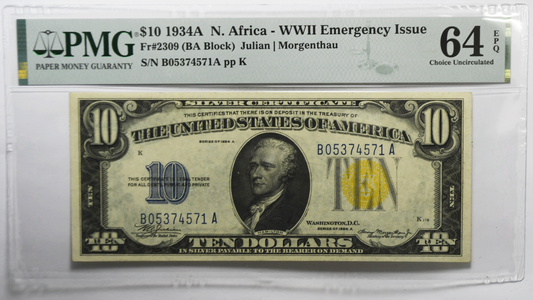 1934 A $10 N Africa Silver Cert Note WWII B05374571A Emergency Issue PMG 64 EPQ