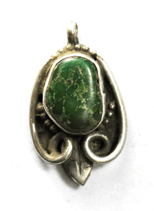 Sterling Silver Antique Green Turquoise Scroll Dot Pendant 33mm x 20mm