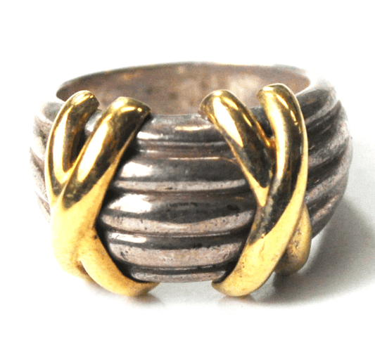 Sterling Silver & 18k Gold Double X Stripe Designer Ring 14mm Size 6