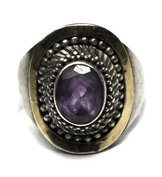 Sterling Silver BA Bali Suarti Amethyst 18k Two Tone Ring 20mm Size 8-1/4