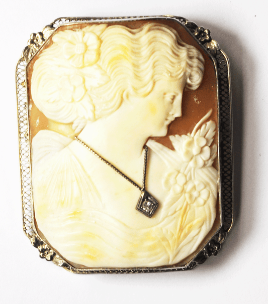 Antique Cameo 14kwg Filigree Brooch Bust Diamond Pendant Pin 46mm X 39mm Large