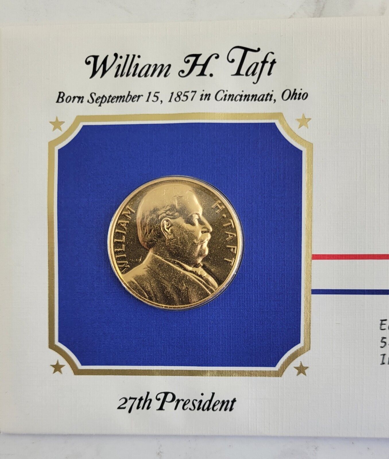 William Taft Presidential Covers Medal Postal Commemorative Society Gold Plated