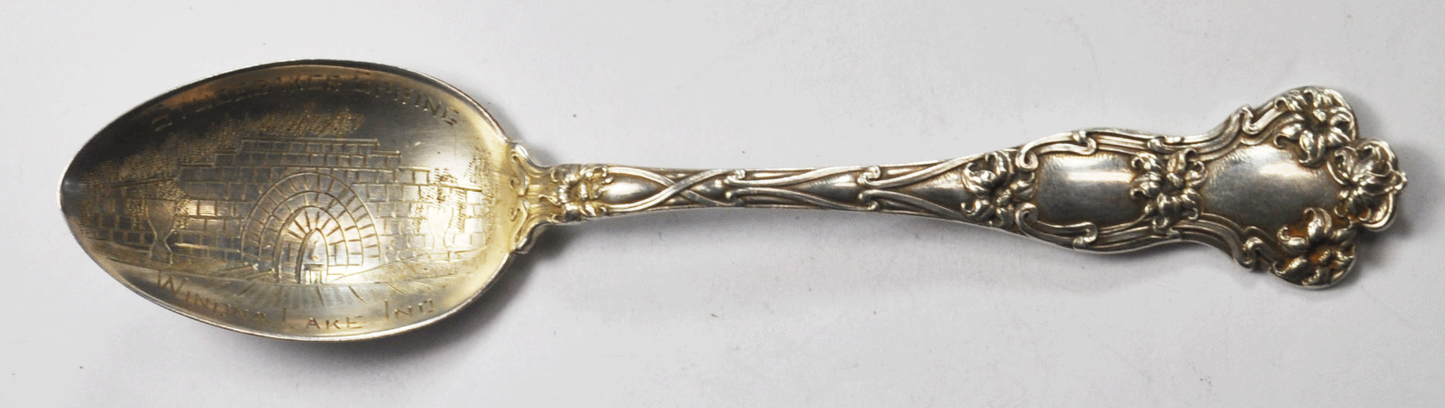 Sterling Mechanics Floral Souvenir Spoon Studebaker Spring Widna Lake IN 5-3/8"