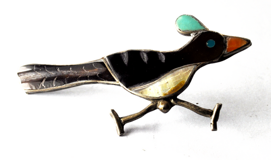 Sterling Carlene Leekity Brown Inlay MOP Turquoise Bird Pin 2-1/4" x 1-1/8"