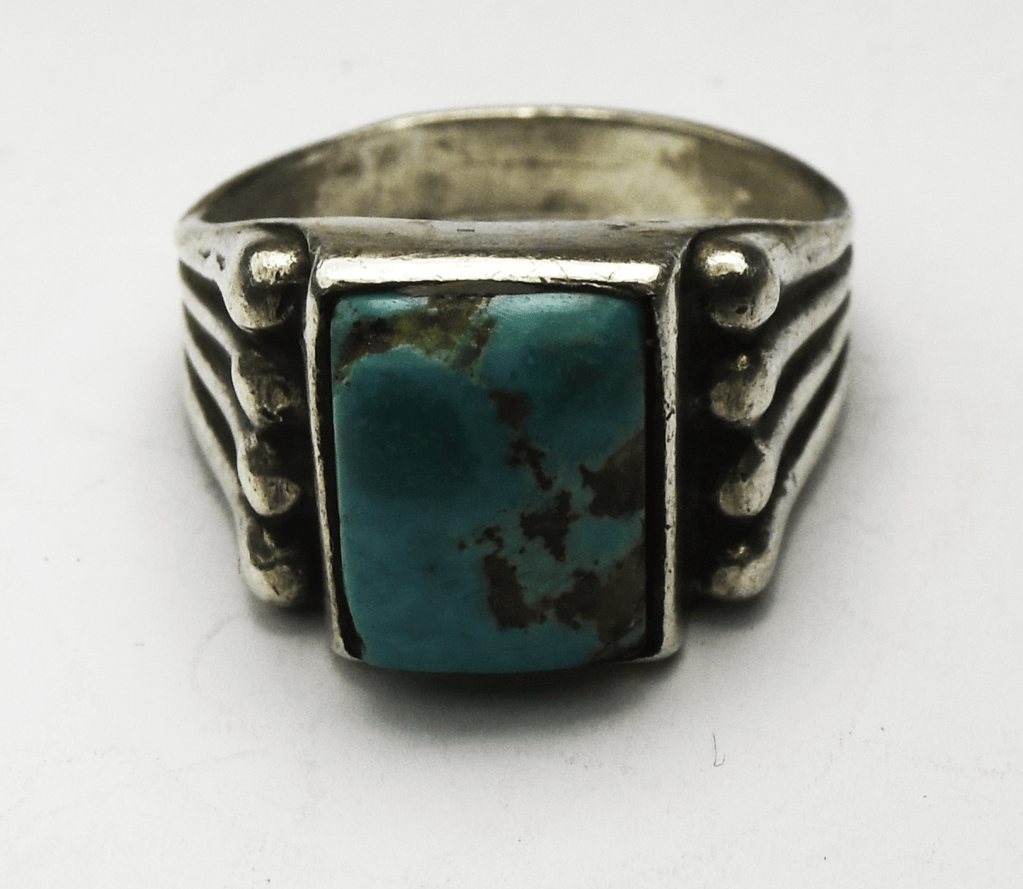 Sterling Silver 8 Dot Striped Edge Rectangle Turquoise Ring 14mm Size 11