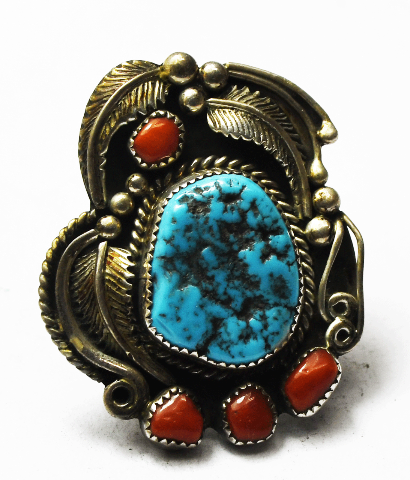 Sterling Silver Phillip Sanchez Turquoise & Coral Ring 41mm Size 7