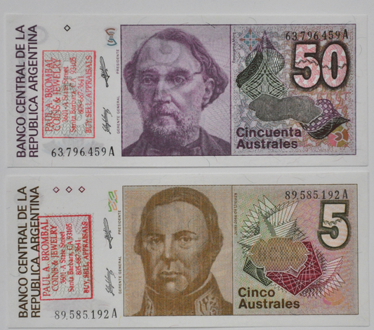 1986-89 ND Argentina Uncirculated 5 & 50 Australes Notes Counter Stamped