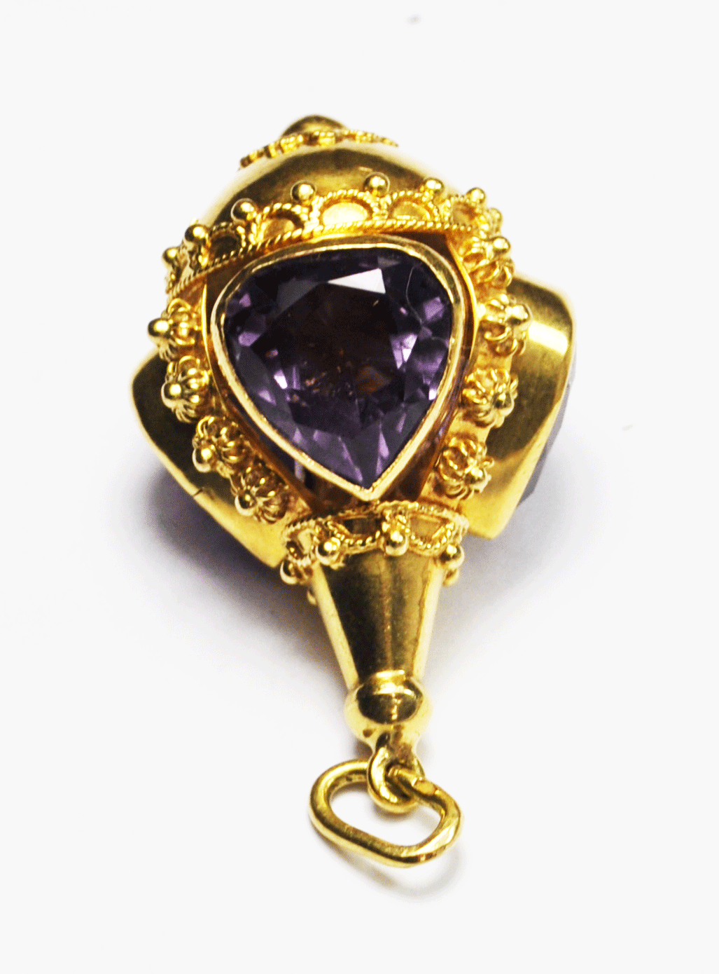 18k YG Gold Pear Amethyst Fob Pendant Ornate Victorian 15g 40mm x 25mm