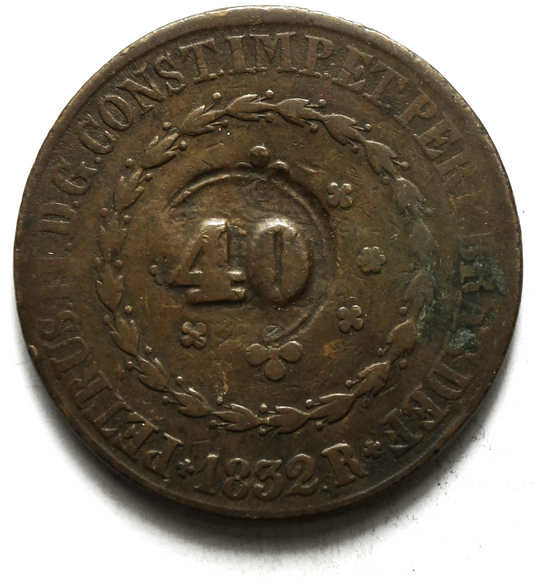 1832 R 40 Reis Counterstamp Brazil Copper Coin