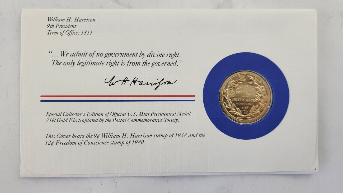 W H Harrison Presidential Covers Medal Postal Commemorative Society Gold Plated