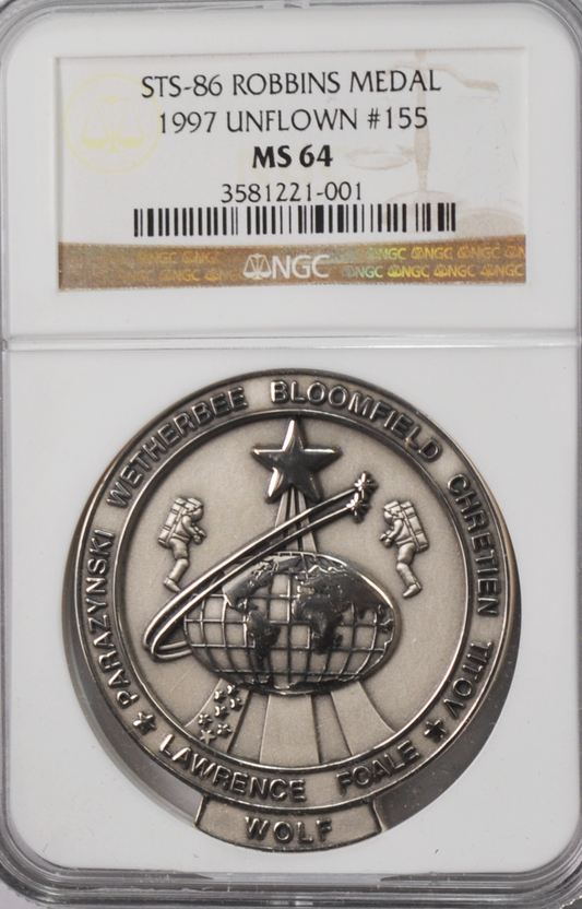 1997 STS-86 Robbins Silver Space Medal Unflown #155 NGC MS64 Atlantis