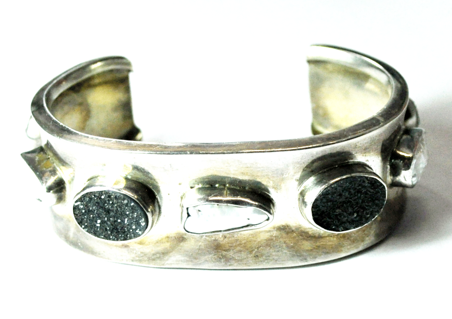 Sterling Silver Black Druzy MOP Cuff Bracelet 23mm Wide 6-3/4" Wrist