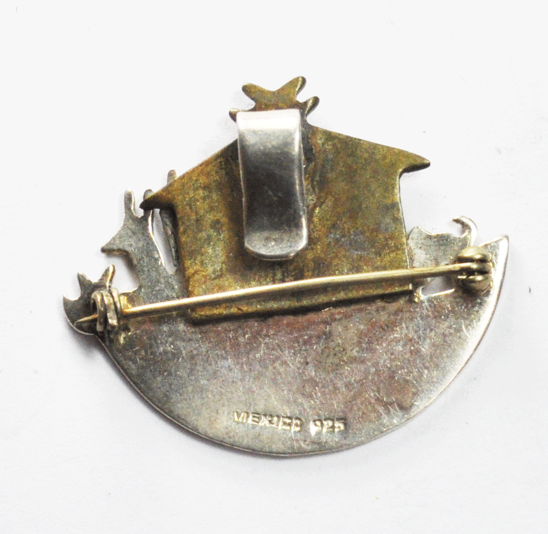 Sterling Mexico Noah's Ark Two Tone 36mm x 43mm Brooch Pin Clip