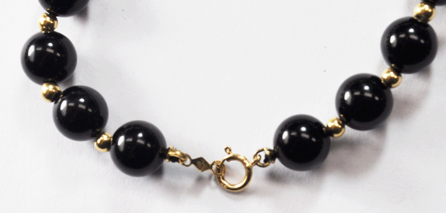 14k Gold & Black 8mm Onyx Bead 28" Necklace & 7-3/4" Bracelet Set