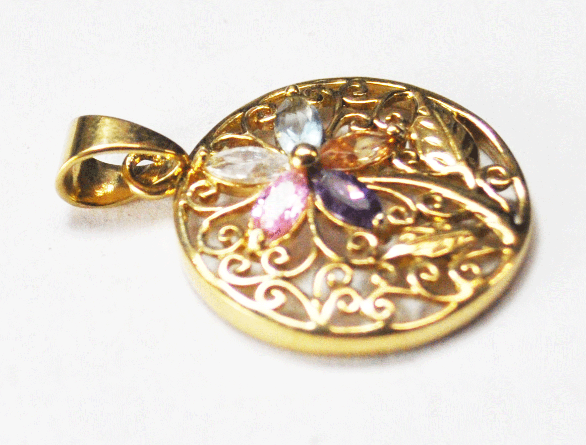 Sterling Multi Color Stone Gold Tone Flower Filigree 32mmx22mm Pendant 4mm Bale