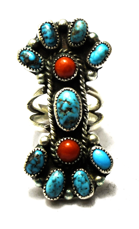 Sterling Silver Ashley Turquoise & Coral Elongated Cluster Ring 45mm Size 5-3/4