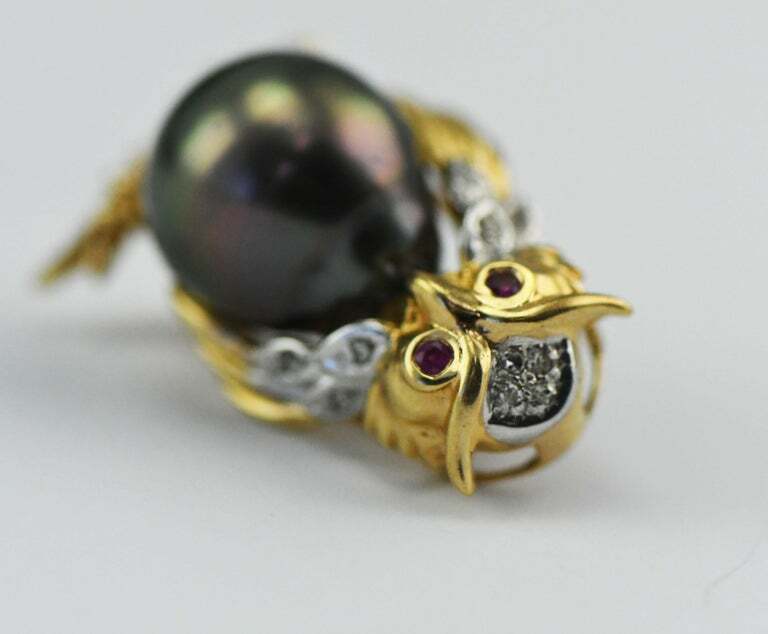 14kt Yellow Gold Ruby Eyed Owl Pin with Tahitian South Sea Pearl & Diamonds