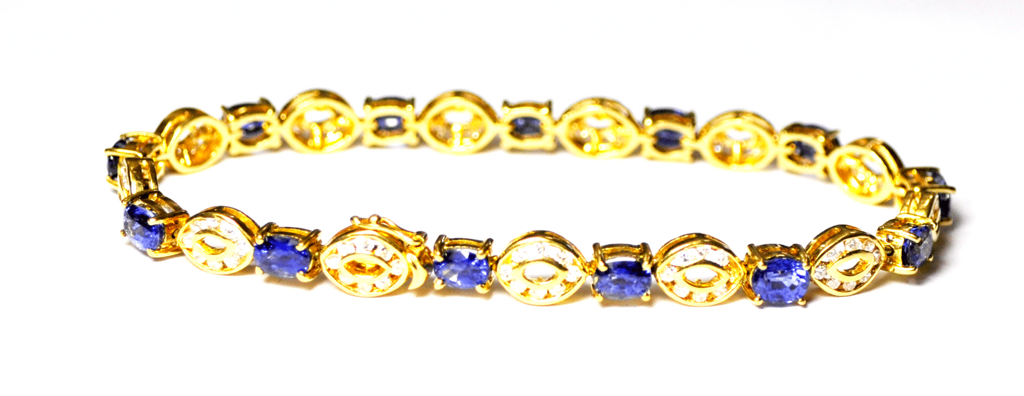 18k Gold Blue Natural Sapphire & Oval Diamond Cluster Tennis Bracelet 6mm 7"