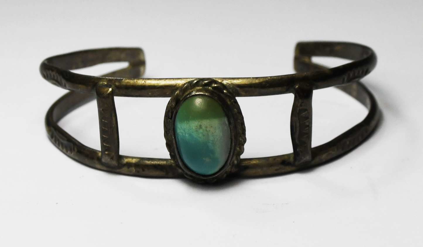 Sterling Blue Green White Turquoise Antique Cuff Bracelet 17mm 6-1/4" Wrist