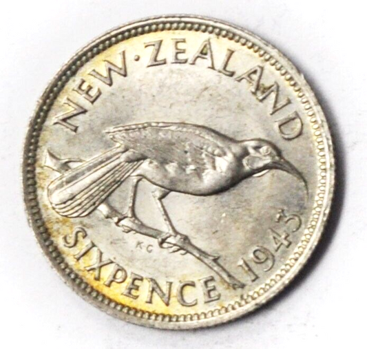 1943 New Zealand 6 Six Pence Silver Coin KM#8