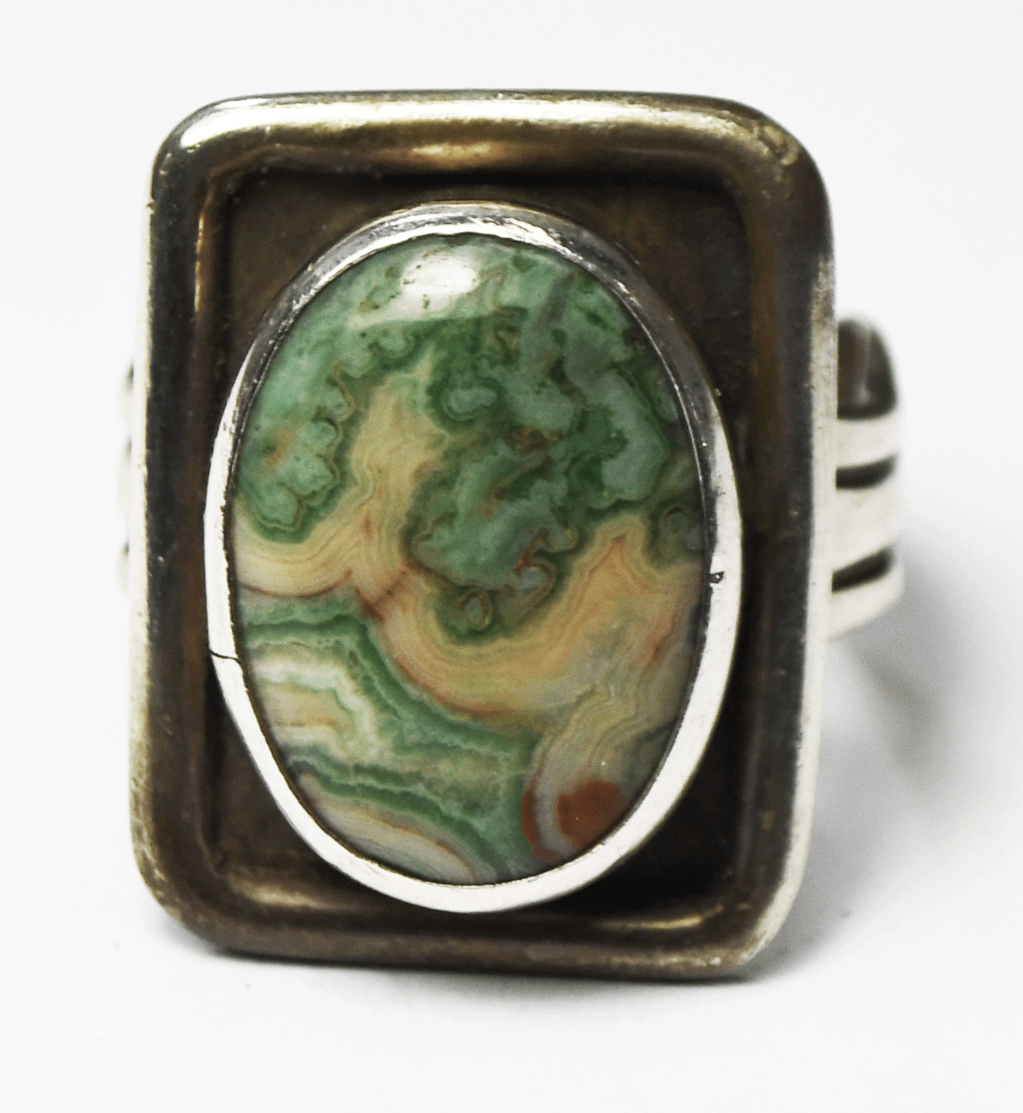 Sterling Rectangle Rainforest Jasper Ring 24mm Wave Triple Band Size 9